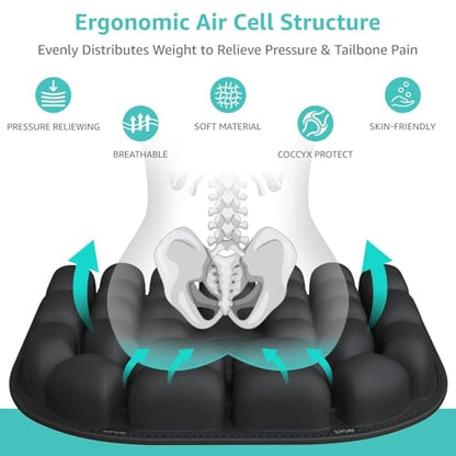 Inflatable Travel Seat Cushion for Airplane - Portable Air Pad with Built-in Pump for Long Flights & Car Rides - Ergonomic Tailbone Pain Relief for Office Chair, Wheelchair, Stadium