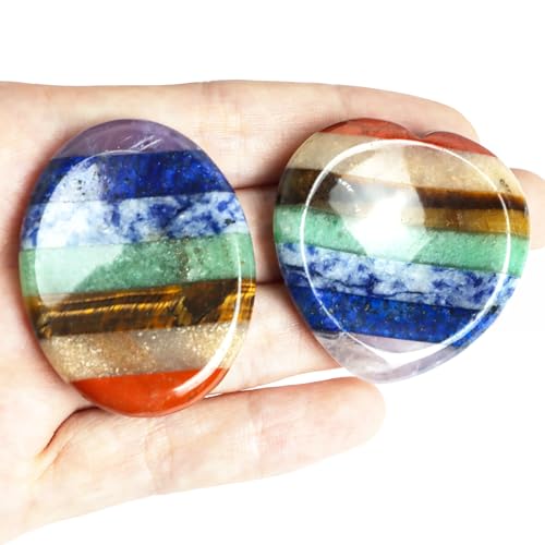 2PCS Worry Stones for Anxiety, 7 Chakra Thumb Oval Heart Crystals Healing Stones, Meditation Chakra Stones Healing Crystals, Natural Reiki Relax Palm Stone Stress Relief Gifts for Women Men - color: Oval+heart