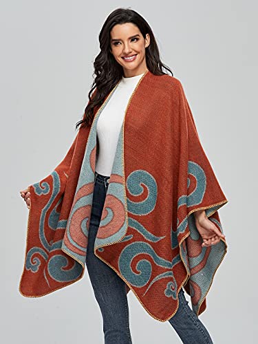 Women's Shawls and Wraps Open Front Poncho Cape Winter Sweater - color: N22-retro Orange