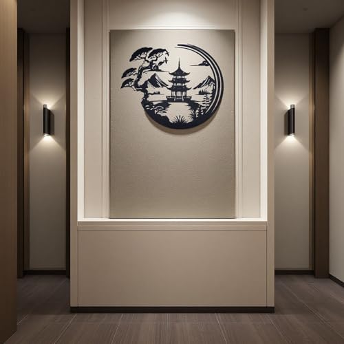 Japanese Bonsai Pagoda Metal Wall Art - Black Zen Asian Decor for Living Room, Bedroom & Office,lack Asian Inspired Wall Decor with Mountain and Tree Design, Wall Sculpture (11.8 x 9.8 Inches)