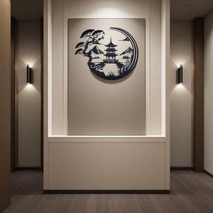Japanese Bonsai Pagoda Metal Wall Art - Black Zen Asian Decor for Living Room, Bedroom & Office,lack Asian Inspired Wall Decor with Mountain and Tree Design, Wall Sculpture (11.8 x 9.8 Inches)
