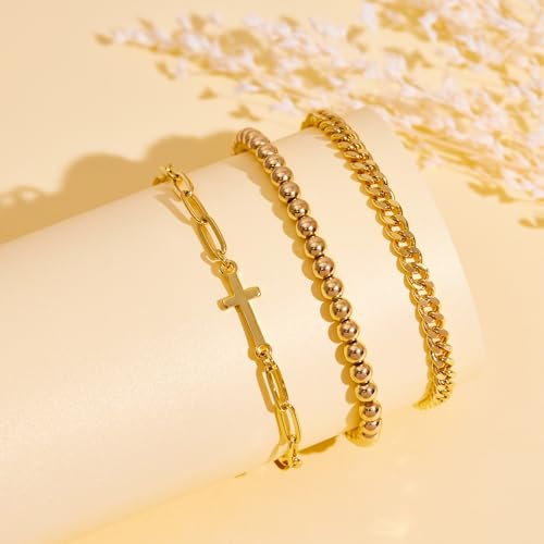 3mm Diamond Classic Tennis Bracelet for Women Dainty, Gold Jesus Cross Bracelets Trendy, 14K Gold Plated Heart/Evil Eye/Pearl/Starfish & Seashell Charm Bracelets for Women Bulk - style: Cross Beaded Cuban-Gold