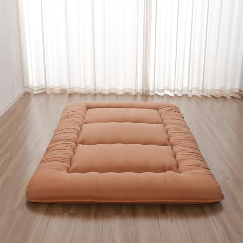 Zelladorra Japanese Floor Mattress, Futon Mattress with Portable Storage Bag and Washable Cover, Roll Up Thick Tatami Mat Suitable for Camping, Guest Room, Light Coffee, Full - color: Light Coffee ( 4"th + Dust Cover ）, size: Full (80"L x 54"W)