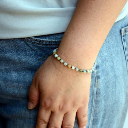 Natural Faceted Gemstone Bead Bracelet, Adjustable Waterproof Wax Cord, Hand-Knotted Design - color: Amazonite