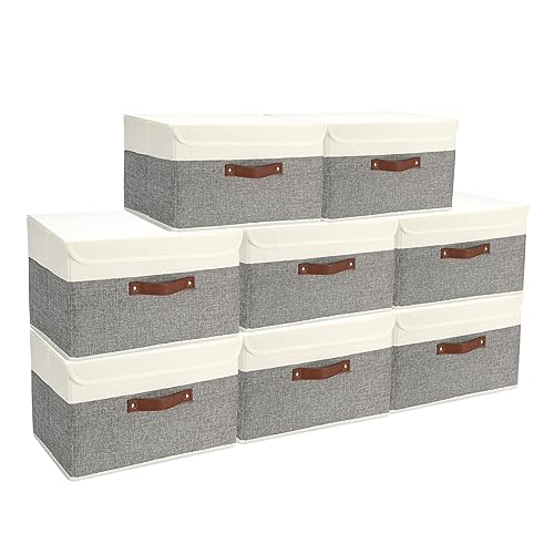 8 Pack Storage Bins Foldable Storage Boxes Fabric Storage Box with Lid & Handle Large Washable Organizer Bulk for Office, Home, Books, Clothes, Bedroom, Closet, (15INx10INx10IN White/Grey)