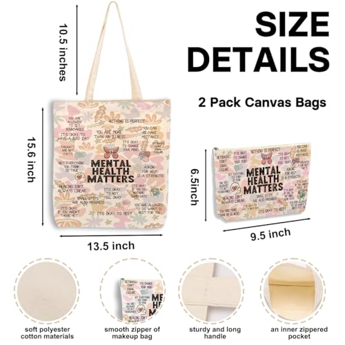 Mental Health Gifts for Women, 2PCS Cosmetic Bag Canvas Tote Bag Beach Bags with Pocket Makeup Bags Positive Mental Health Gifts Inspirational Gift for Women Friend Birthday Friendship Christmas - color: Mental Health1 0942