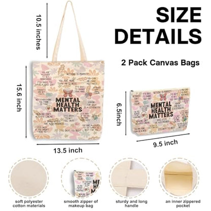Mental Health Gifts for Women, 2PCS Cosmetic Bag Canvas Tote Bag Beach Bags with Pocket Makeup Bags Positive Mental Health Gifts Inspirational Gift for Women Friend Birthday Friendship Christmas - color: Mental Health1 0942
