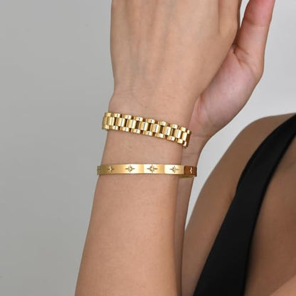 MPRAINBOW 2pcs 18K Gold Plated Chain Link Bracelet, Stainless Steel Crystal Friendship Bracelets Bangle,Watch Band Chains Wristband Jewelry with Adjust Tool - color: Gold Set - K