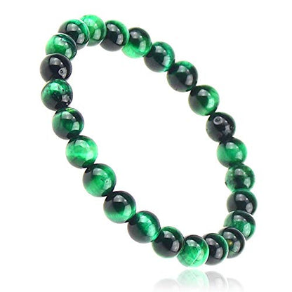 Natural Gemstones Bracelet 8mm Chakra Round Beads Energy Power Crystal Reiki Healing Elastic Stretch 7 Inch for Women Men Unisex - color: Green Tiger Eye
