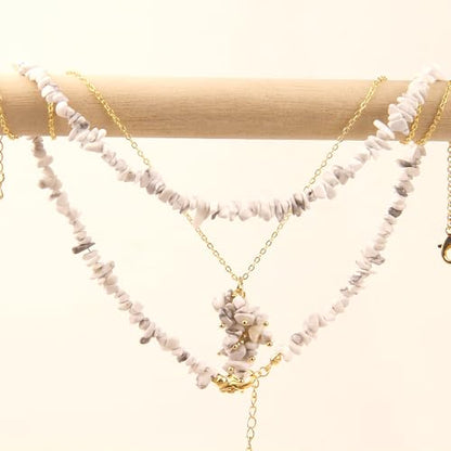 2Pcs Crystal Necklace for Women Handmade Choker Necklaces Pendant Necklace Natural Stone Gemstone Beaded Necklace 18k Gold Plated Adjustable Dainty Necklace for Women - color: Howlite