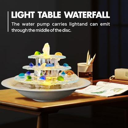 Indoor Tabletop Fountain 3-Tier Waterfall, Zen Meditation Fountain with LED Light, Small Desk Water Feature Soothing Sound Relaxing for Office Home Décor - size: 3-Tier Fountain