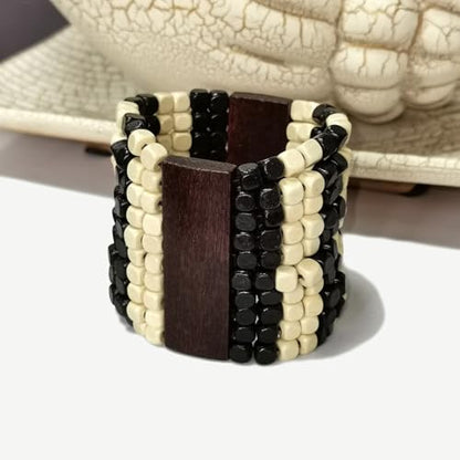 Stretch Wooden Beads Cuff Bracelets Multi Layered Natural Wood Beads Chunky Bangle Wooden Handmade Wide Bracelets Bohemia Jewelry for Women Men - color: C