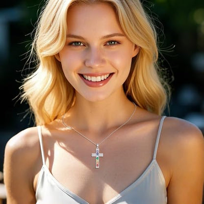 POPLYKE Chakra Necklace for Women 925 Sterling Silver Bar/Inifinity/Cross Necklace Mother Day Jewelry Gift for Women - style: cross