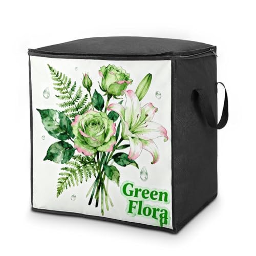 Green Flora Storage Bag Portable Closet Organizer Storage Bags Quilt Storage Bags with Zippered Breathable Storage Bag with Carry Handles for Blanket Pillow Bedding