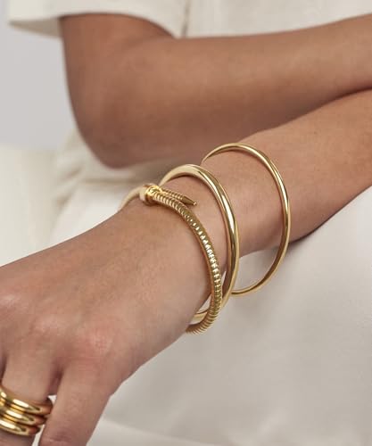 18K Gold Plated Open Cuff Bangle for Women Statement Brushed/Hammered/Textured Bracelet Layering Jewelry Love Gift for Her - style: Screw Nail Bangle