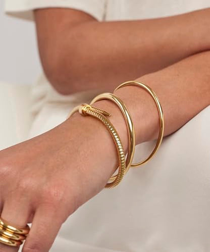 18K Gold Plated Open Cuff Bangle for Women Statement Brushed/Hammered/Textured Bracelet Layering Jewelry Love Gift for Her - style: Screw Nail Bangle