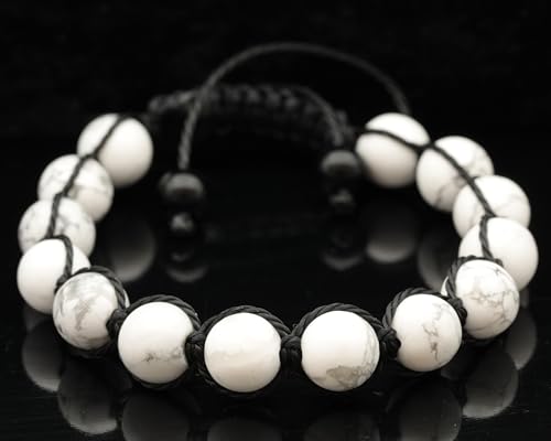 ElisaJewelryArt - Natural Black Onyx Beaded Bracelet Genuine Gemstone Strenght Crystal Macrame Bracelet Unisex Bracelet - color: Howlite, size: MEN