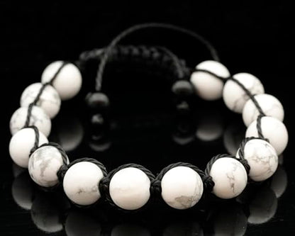 ElisaJewelryArt - Natural Black Onyx Beaded Bracelet Genuine Gemstone Strenght Crystal Macrame Bracelet Unisex Bracelet - color: Howlite, size: MEN