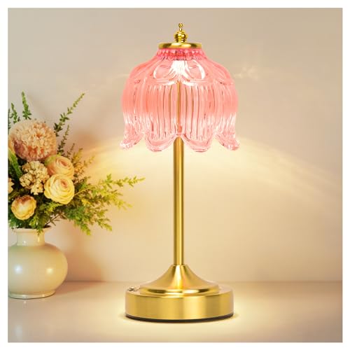 Cordless Lotus Flower Table Lamp, 5200mAh Rechargeable Battery Operated Portable Lamp, 3-Color Dimmable Touch Control Small Desk Lamp for Bedroom, Office, Kitchen, Nightstand,Room Decor (Flower Pink) - color: Flower Pink