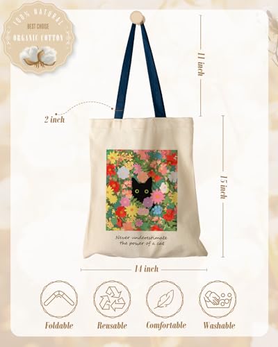 Miss Adola Aesthetic Canvas Tote Bag - Reusable Shoulder Tote Bag for Women Lady Casual Vacation, Shopping, Work, Gym - style: Cat in Flower