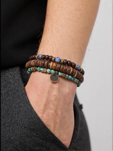 Puka Shell Bracelet for Men Wooden Bracelets Turquoise Stack Beaded Minimalist Trendy Jewelry for Friend Gift - style: 3pcs-Coin