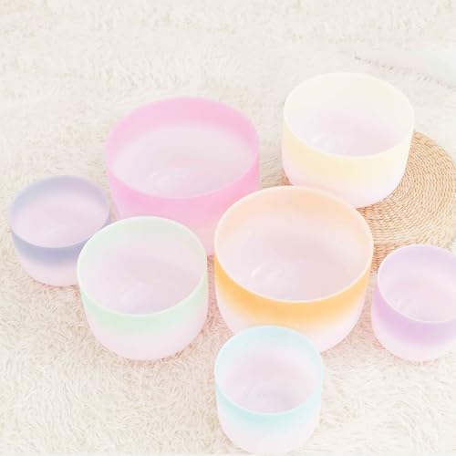 Hye-eun 432 hz Crystal Singing Bowl 7-12 Inch Set of 7 PCS Rainbow Gradient Frosted Quartz Crystal Chakra Singing Bowls with Carry Case Bag for Sound Healing and Therapy Meditation - color: 7-12inch 432hz Double Color 7pcs