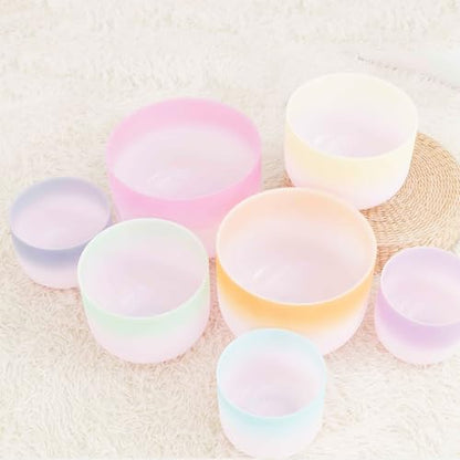 Hye-eun 432 hz Crystal Singing Bowl 7-12 Inch Set of 7 PCS Rainbow Gradient Frosted Quartz Crystal Chakra Singing Bowls with Carry Case Bag for Sound Healing and Therapy Meditation - color: 7-12inch 432hz Double Color 7pcs