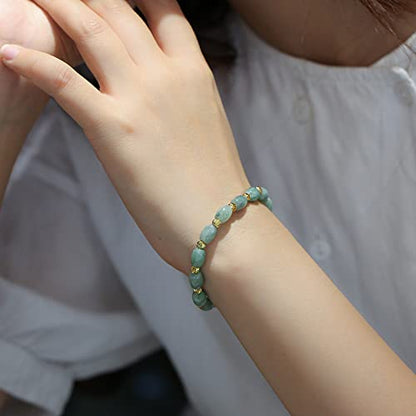 jade bracelet for women ，beaded bracelets ，6 * 9mm natural jade beads,brass plated 18k gold spacer beads,DIY Stretch Bracelet with 6.5-8 inch hand circumference,gifts for girlfriend. (Emerald green)
