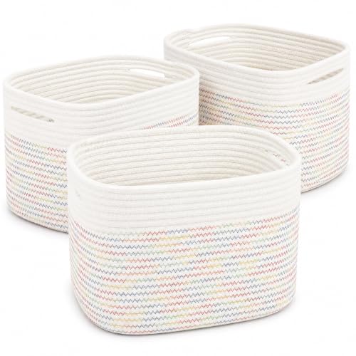 OrganiHaus Rainbow Stitches Cotton Rope Baskets for Shelves, Set of 3 - 15"×10"×9½" - Colorful Storage Baskets for Kids - Nursery, Playroom, Classroom - Toy Storage, Books, Towels - color: Stitches Rainbow