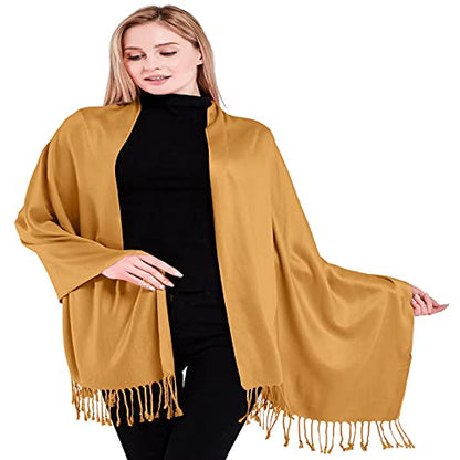 CJ Apparel Solid Color Tassels Design Nepalese Shawl Scarf Wrap Stole Throw Head Wrap Pashmina Gift Hand Made in Nepal New - color: Light Gold Mix