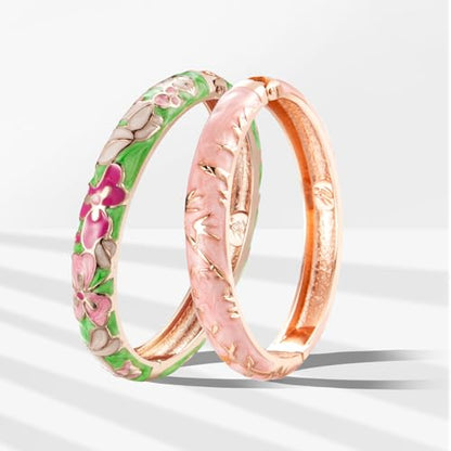 UJOY Classic Cloisonne Bracelets Enamel Jewelry Plated Bamboo Flower Cuff Metal Bangle for Women Gift Box - color: A100-Flower-Green and Pink