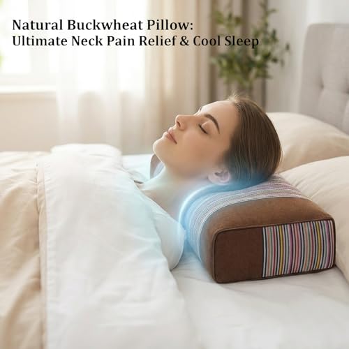 Adjustable Buckwheat Hull Pillow for Neck Pain Relief (21x8x4in) Natural Cooling Cervical Support Bed Pillow for Side & Back Sleepers with Night Sweats (Brown) - color: Brown