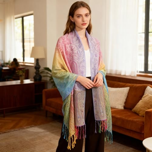 Rave Pashmina Scarf, Fashion Colorful Shawls and Wraps Soft Festival Scarves - color: D-white (Paisley Pattern)