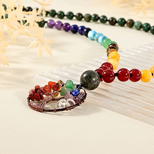 Bivei 108 Mala Beads Necklace Life Tree 7 Chakra Wrap Bracelet Real Healing Gemstone Yoga Meditation Hand Knotted Mala Prayer Bead Necklace - color: African Turquoise, size: 8mm
