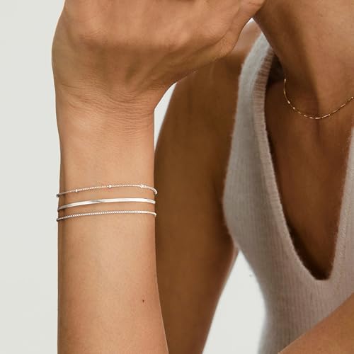 Dainty Gold Bracelet for Women Stack, Thin Bracelets Stackable Set with Bangle Cuff, Box, Herringbone, Paperclip, Figaro, Sparkling Link Chains Waterproof, Simple Jewelry Gifts for Women Non Tarnish - color: style 01-silver