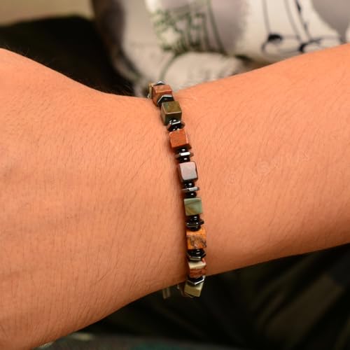 original beaded bracelets for men Picasso jasper mens bracelet with hematite and black onyx spacers stainless steel adjustable chain Handmade Viking style Great for yourself or friends