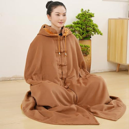 Unisex Hooded Cloak Loose-Fit Meditation Prayer Monk Robe Double Layer Plush Comfortable Warm Monk Clothing - color: Camel, size: Medium