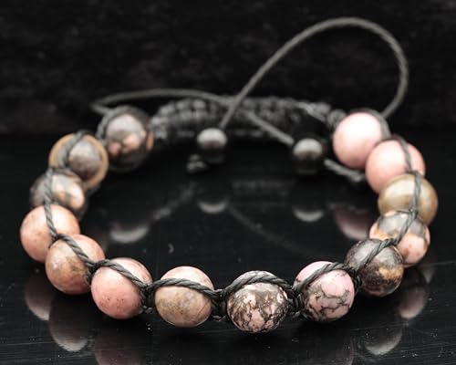 ElisaJewelryArt - Natural Black Onyx Beaded Bracelet Genuine Gemstone Strenght Crystal Macrame Bracelet Unisex Bracelet - color: Rhodonite, size: WOMEN
