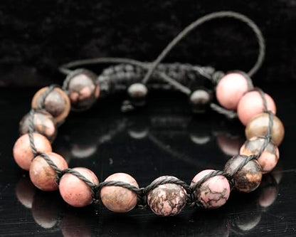 ElisaJewelryArt - Natural Black Onyx Beaded Bracelet Genuine Gemstone Strenght Crystal Macrame Bracelet Unisex Bracelet - color: Rhodonite, size: WOMEN