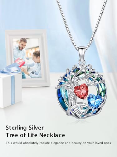 TOUPOP s925 Sterling Silver Family Celtic Tree of Life Pendant Necklaces with 2 Heart Birthstone with Blue Austrian Crystal Jewelry Birthday Valentines Day Gifts for Her, Anniversary Christmas Gifts for Wife Girlfriend Mom (18K Real White Gold Filled) - c