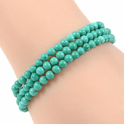 Justinstones Gem Semi Precious Gemstone 3pcs 4mm Round Beads Stretch Bracelet 6.5 Inch Unisex - color: Dyed Green Howlite Turquoise