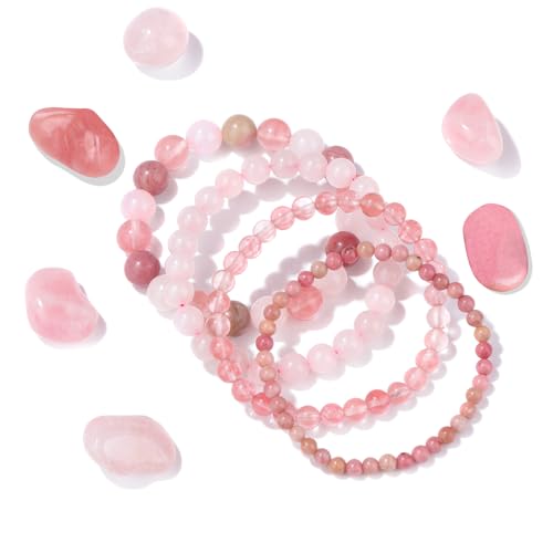 4pcs Beaded Bracelets for Women,Natural Healing Crystal Gemstones Bracelet,Anxiety Stress Relief Bracelet Handmade purple Jewelry Gifts for Women - color: Rhodochrosite&Watermelon crysta&Rose Quartz