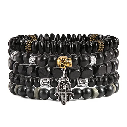 HZMAN Wrap Bracelets Men Women, Hemp Cords Wood Beads Ethnic Tribal Bracelets, Leather Wristbands - style: Hand of Fatima