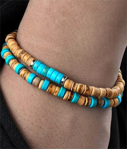 Puka Shell Bracelet for Men Wooden Bracelets Turquoise Stack Beaded Minimalist Trendy Jewelry for Friend Gift - style: 2pcs-Brown Blue
