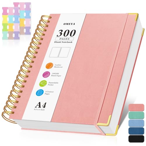 Blank Spiral Notebook: Sketch Book 8.5" X 11", Hardcover Sketchbook, 300 Pages Leather Unlined Notebook for Women Men,100GSM Thick Paper Journal, A4 Large Art Sketchbook for Drawing Writing Work, Pink - color: Pink, size: A4