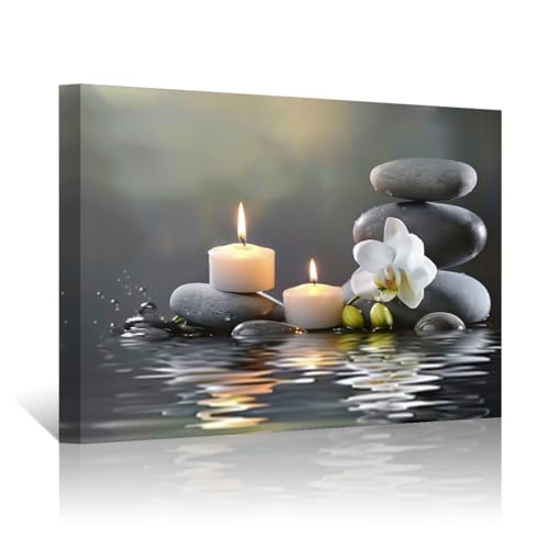 PBXBJY Bathroom Wall Art Orchid Flower with Black Zen Stone Pictures SPA Candle Picture Prints Still Life Canvas Painting for Meditation Spiritual Room Decor (White, (12.00" x 18.00")) - color: White, size: 12"L x 18"W