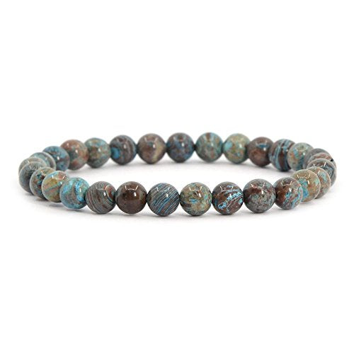 Justinstones Gem Semi Precious Gemstone 6mm Round Beads Stretch Bracelet 6.5 Inch Unisex - color: Blue Wood Veins Jasper