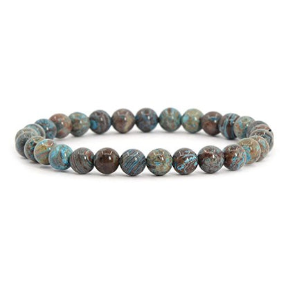 Justinstones Gem Semi Precious Gemstone 6mm Round Beads Stretch Bracelet 6.5 Inch Unisex - color: Blue Wood Veins Jasper