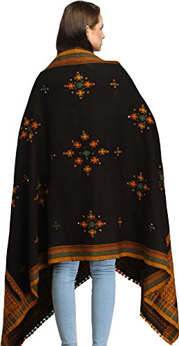 Exotic India Shawl from Kutch with Embroidered Bootis and Mirrors - Wool - color: Phantom Black