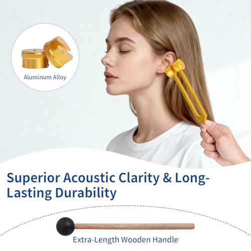 Energy Sound Relaxation Tuning Forks Kit-128Hz, Sound Therapy Tools, Non-Magnetic Aluminum Alloy, for Hearing Tests, Special Tuning Hammer for Ear Cleaning，Meditation Tool with Travel Case（Gloden） - color: Gloden